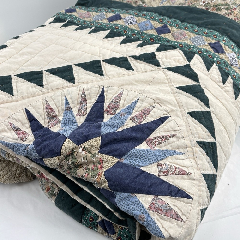 Vintage Mariner’s Compass Quilt King Size Patchwork Medallion Green Blue