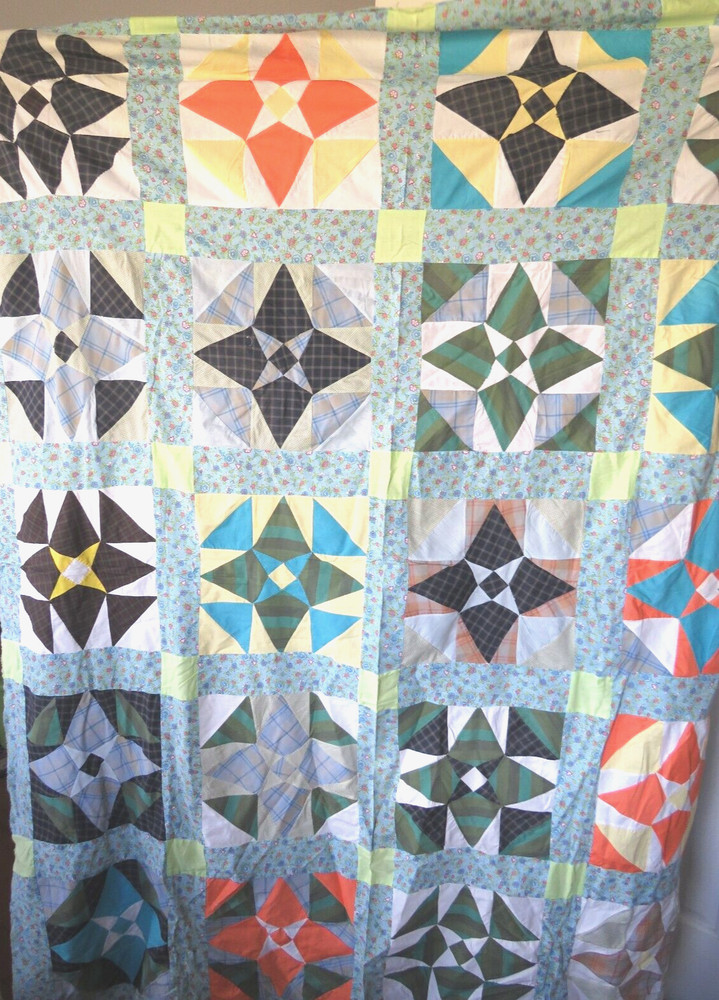 Vtg Quilt Topper Hand Stitched Machine Star Triangle Pattern 60"x74" Multi-Color