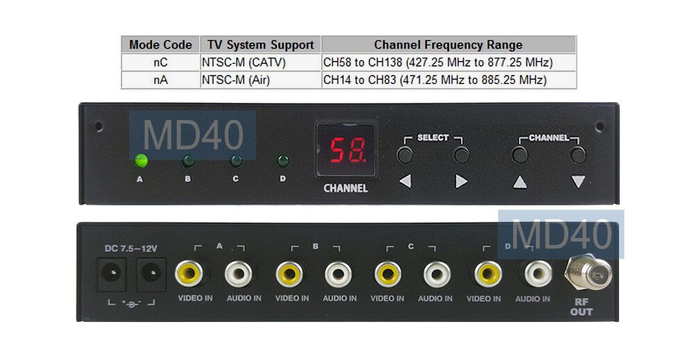 4-Channel Analog RF Coax Modulator With 4 RCA Inputs For NTSC System