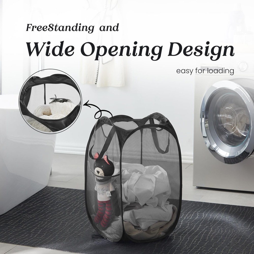 Collapsible Mesh Pop Up Laundry Hamper Sturdy Handles Side Pocket Black