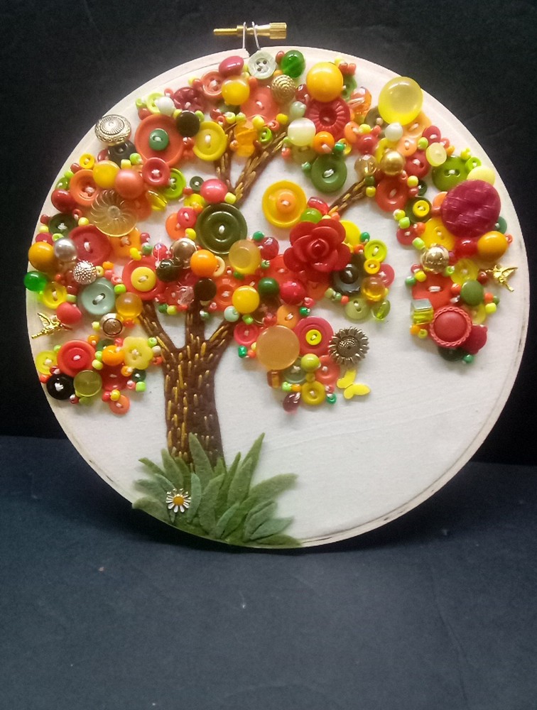 8"Embroidery Hoop Frame With Button Tree Design Red Orange Wall Decor Handmade