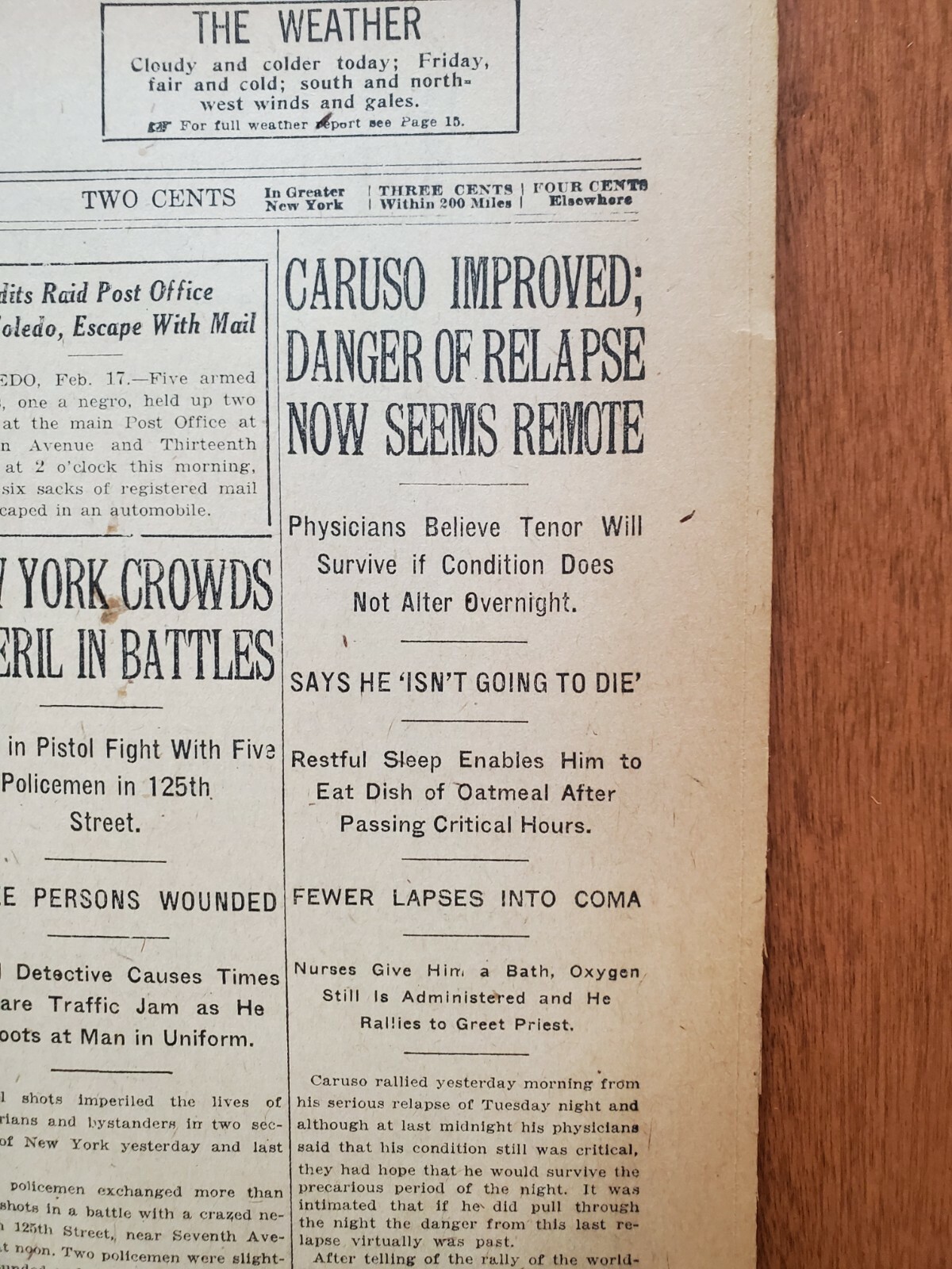1921 FEBRUARY 17 NEW YORK TIMES - CARUSO IMPROVED; RELAPSE SEEMS REMOTE- NT 8126