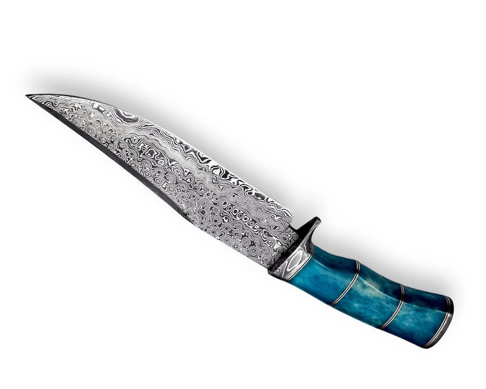 Handmade Damascus Bowie Knife Sharp Blade Camel Bone Handle With Leather Sheath