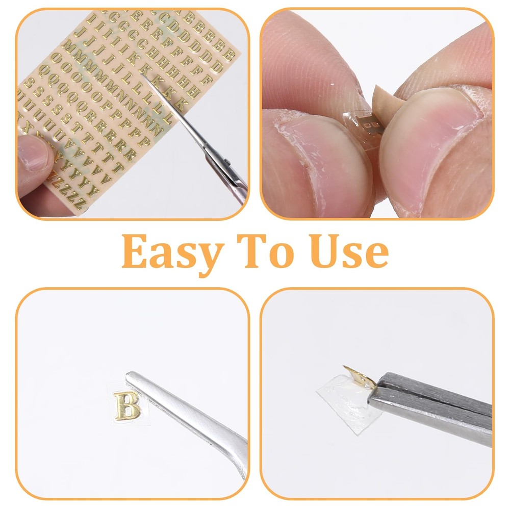 12 Sheets 3mm Tiny Letter Stickers, 3D Gold Mini Nail