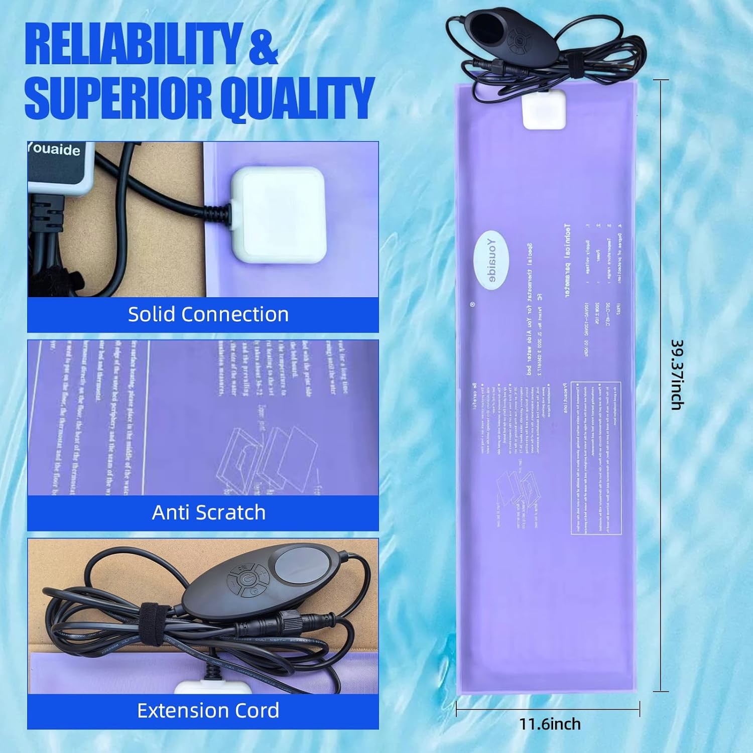 Smart Waterbed Heater with LED Digital Controller, 250W Waterbed Heating Pad for