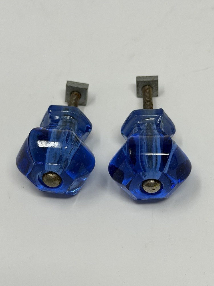 Antique Hexagon Blue Cobalt Glass Cabinet Knobs