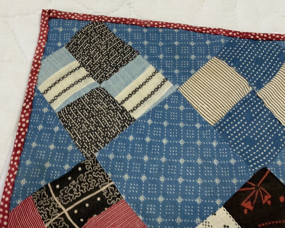 Vintage Antique Patchwork Quilt Table Topper, Four Patch, Blue, Multi