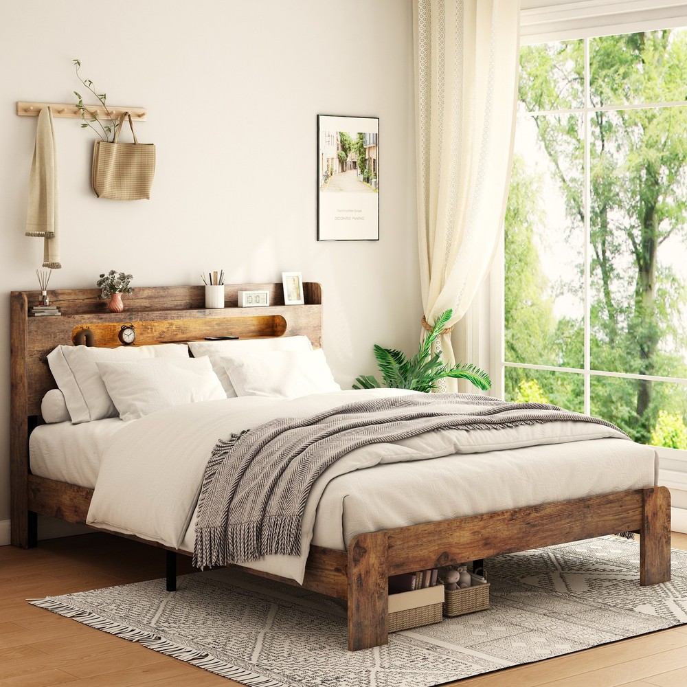 Bed Frame Queen Size, Wood Platform Bed Frame with Storage LED Light Headboard