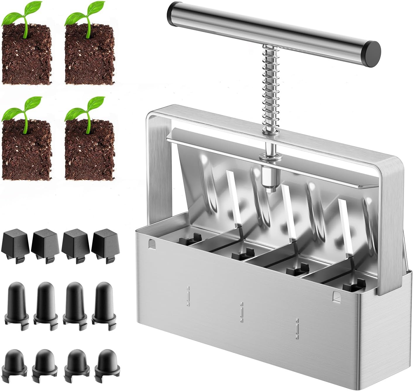 Soil Blocker, 4 Cell Soil Block Maker 2 Inch with 3 Sizes Seed PinsSeed Handheld