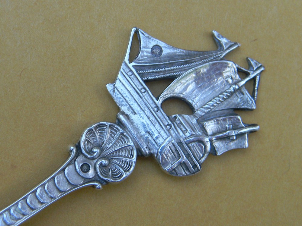 Ornate Antique Dutch Silver Bread Fork Ship & Shell 1929