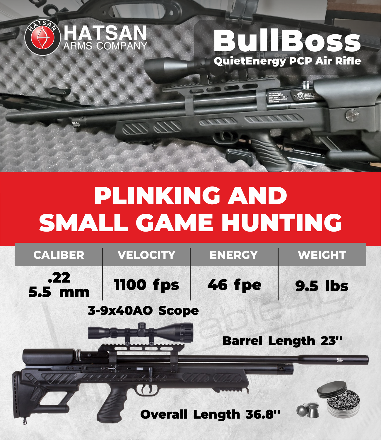 Hatsan BullBoss QE .22 Cal PCP Air Rifle w/ Scope & Targets and Pellets Bundle