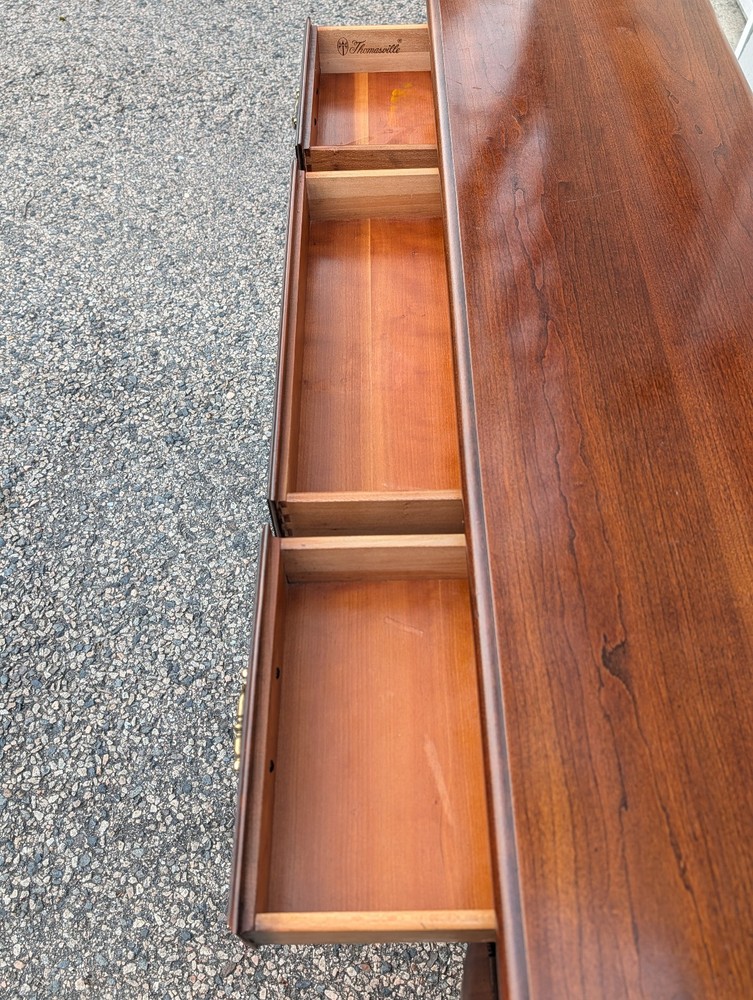 Vtg Thomasville Queen Anne Cherry Console Table, Brass Chippendale Pulls