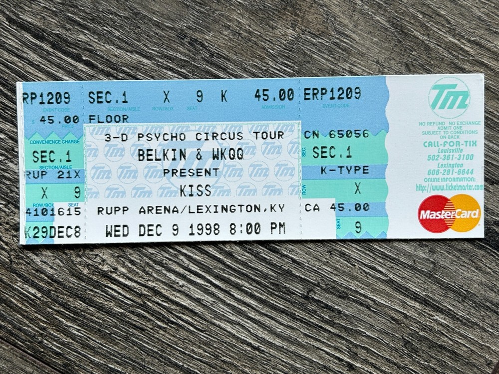 KISS Full Ticket Stub Psycho Circus Concert Tour Rupp KY Dec 9 1998 Vintage Kiss