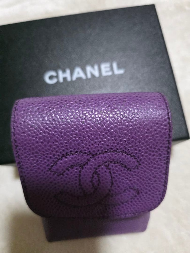 CHANEL Purple Violet Cigarette Case Leather Coco Mark Snap Button Used
