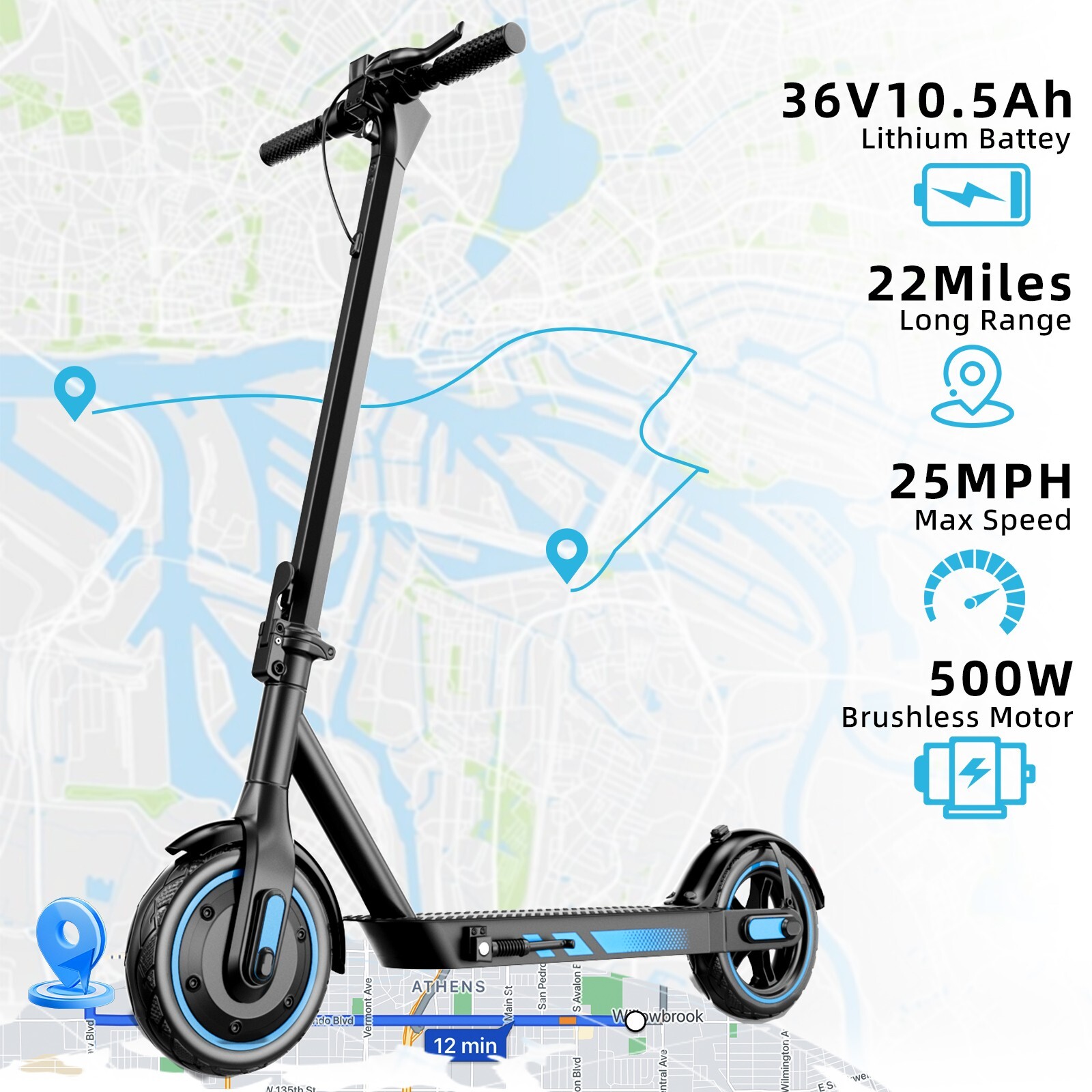 V10 Electric Scooter 500W 10''Air Tire 25MPH 22Mile Long Range Foldable 10.5AH