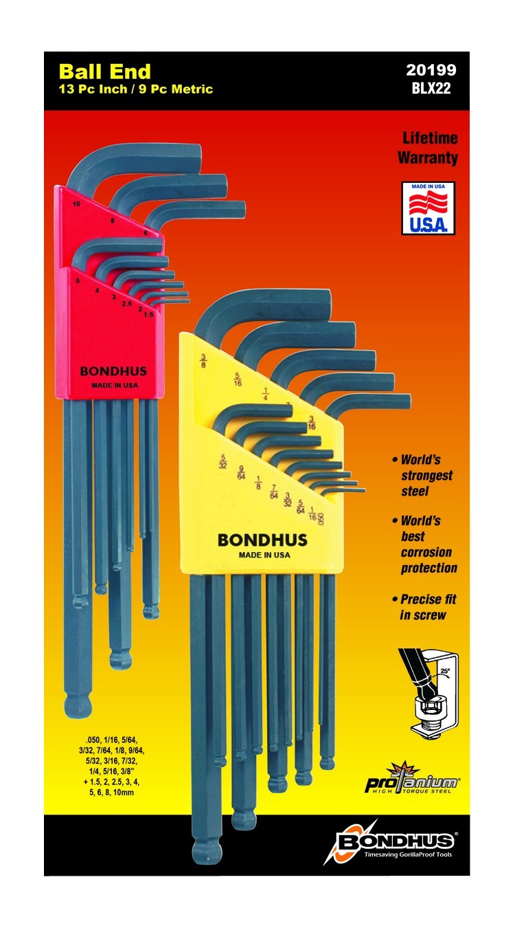 Bondhus 22pc Ball End Hex L Wrench Set Metric SAE Inch MADE IN USA 20199