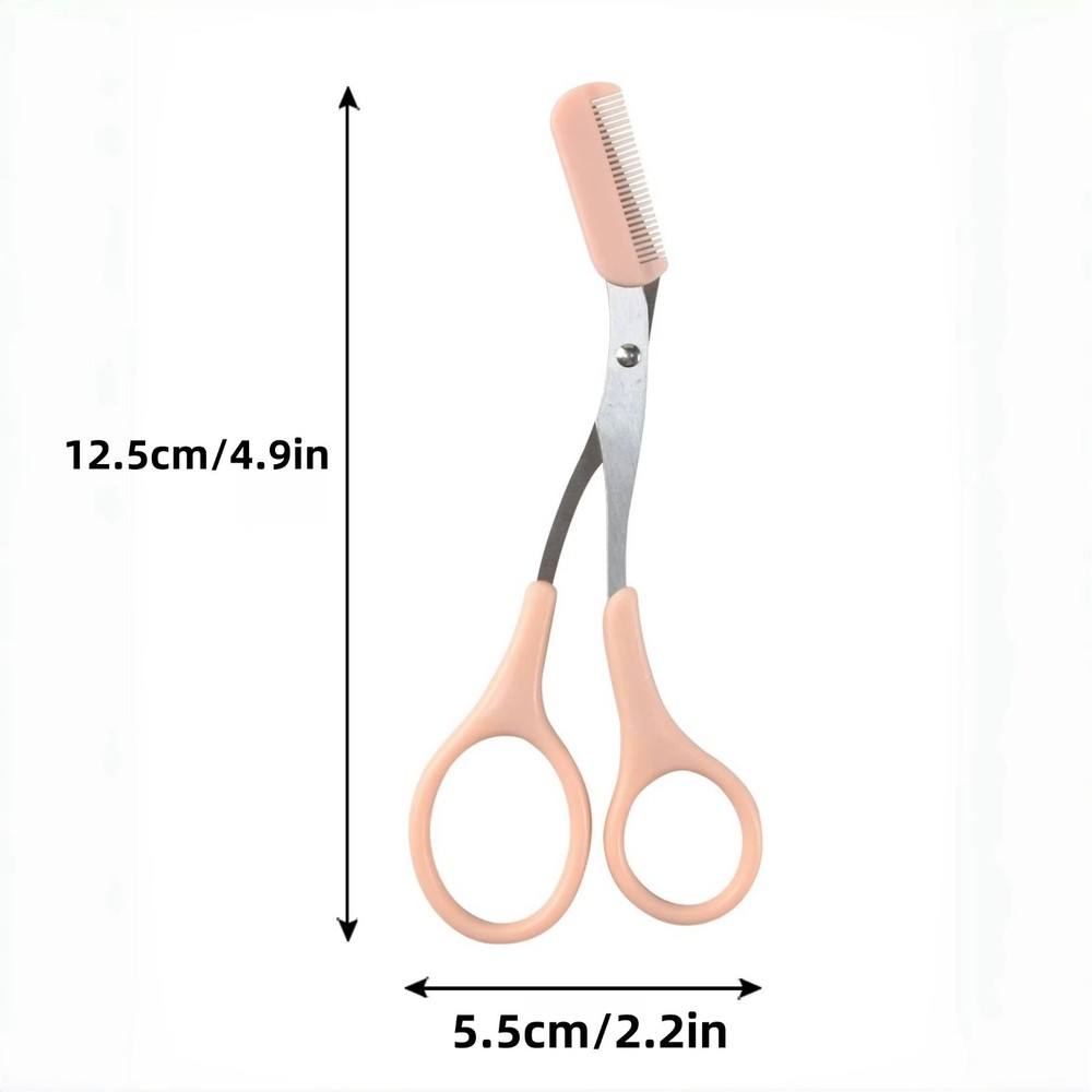 Pink eyebrow trimming scissors with built-in comb creating perfect eyebrows