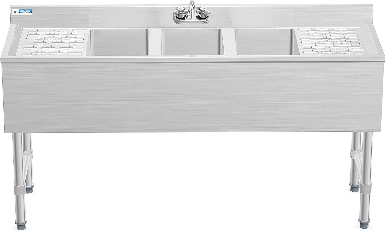 3 Compartment Commercial Sink with Double Drainboard 60"L x 18.4"W x 33"H Silver