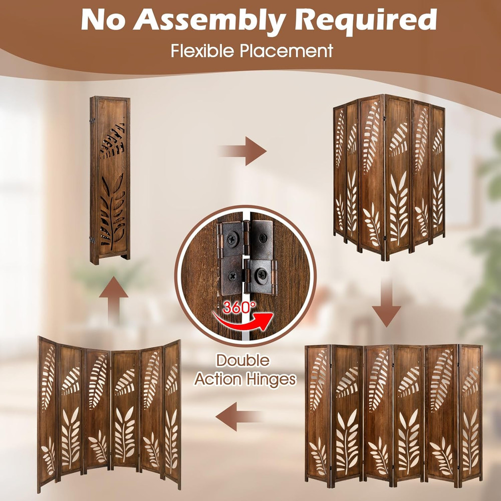 Boho Rustic Room Divider, 6 Panel Carved Leaf Folding Wood Screen, Fully Assembl