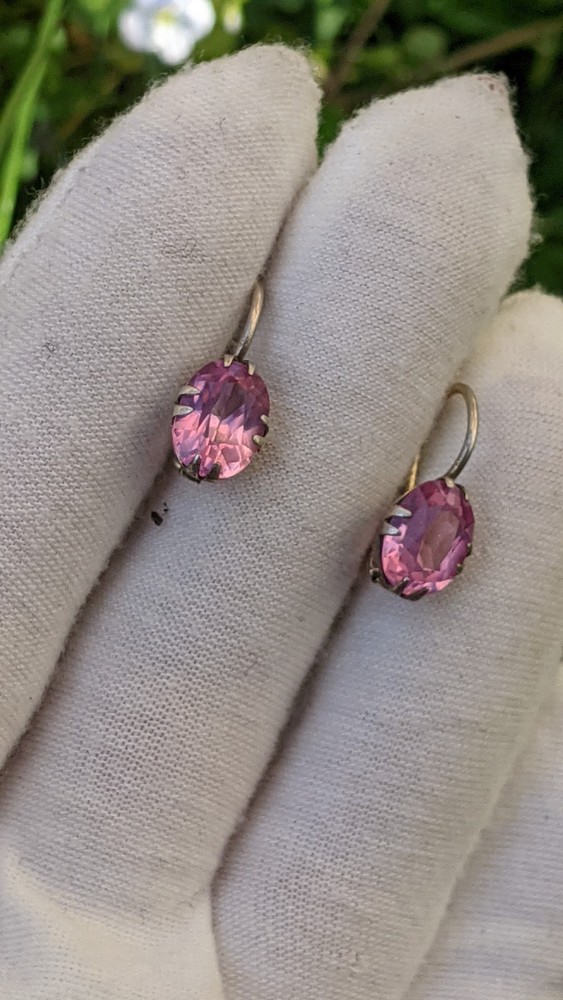 Vintage Soviet 875 Silver Earrings with Pink Ruby Tone Stones