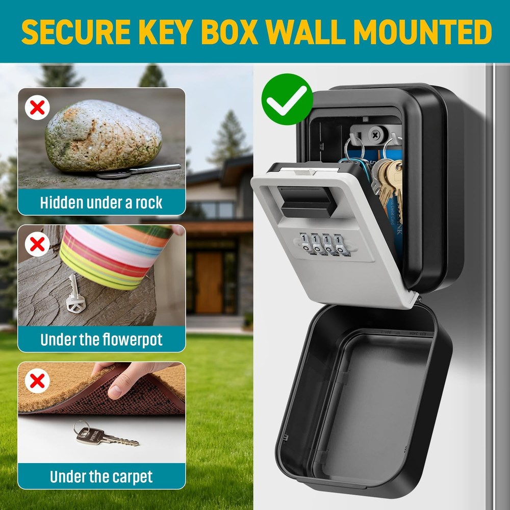 Key Lock Box, Waterproof Wall Mount, 4-Digit Code, Auto-Illuminating | Secure