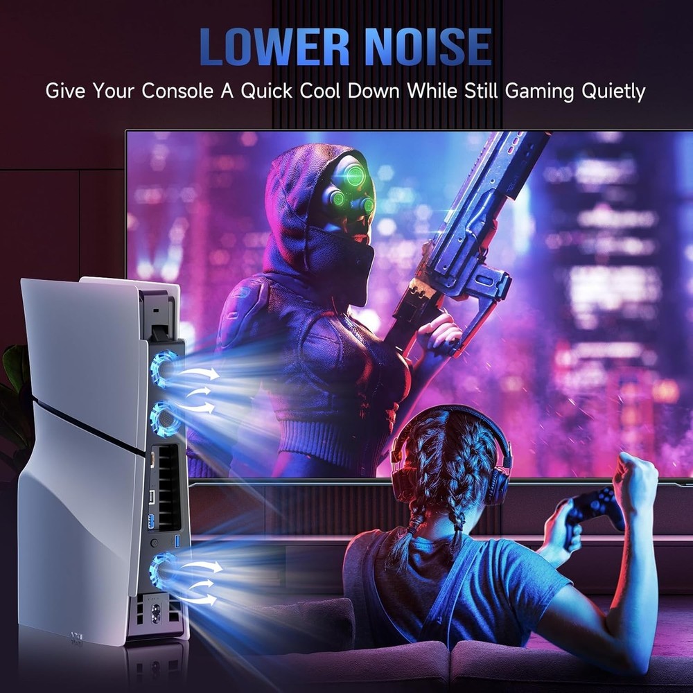 Whisper-Quiet PS5 Slim Cooling System with Enhanced Airflow & LED Indicator