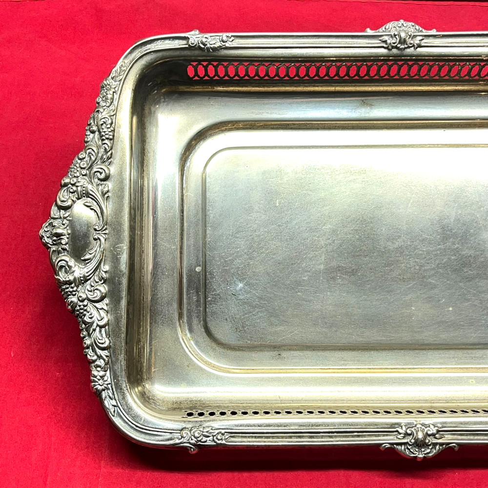 VTG 19" Tarnished Silver Plated Rectangular Butler Serving Tray Pierced Gallery