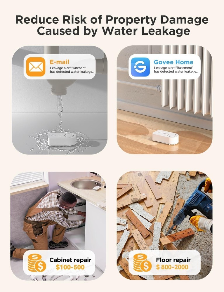 Smart Water Leak Sensor Set - 3 Pack with Adjustable 100dB Alarm Notifications