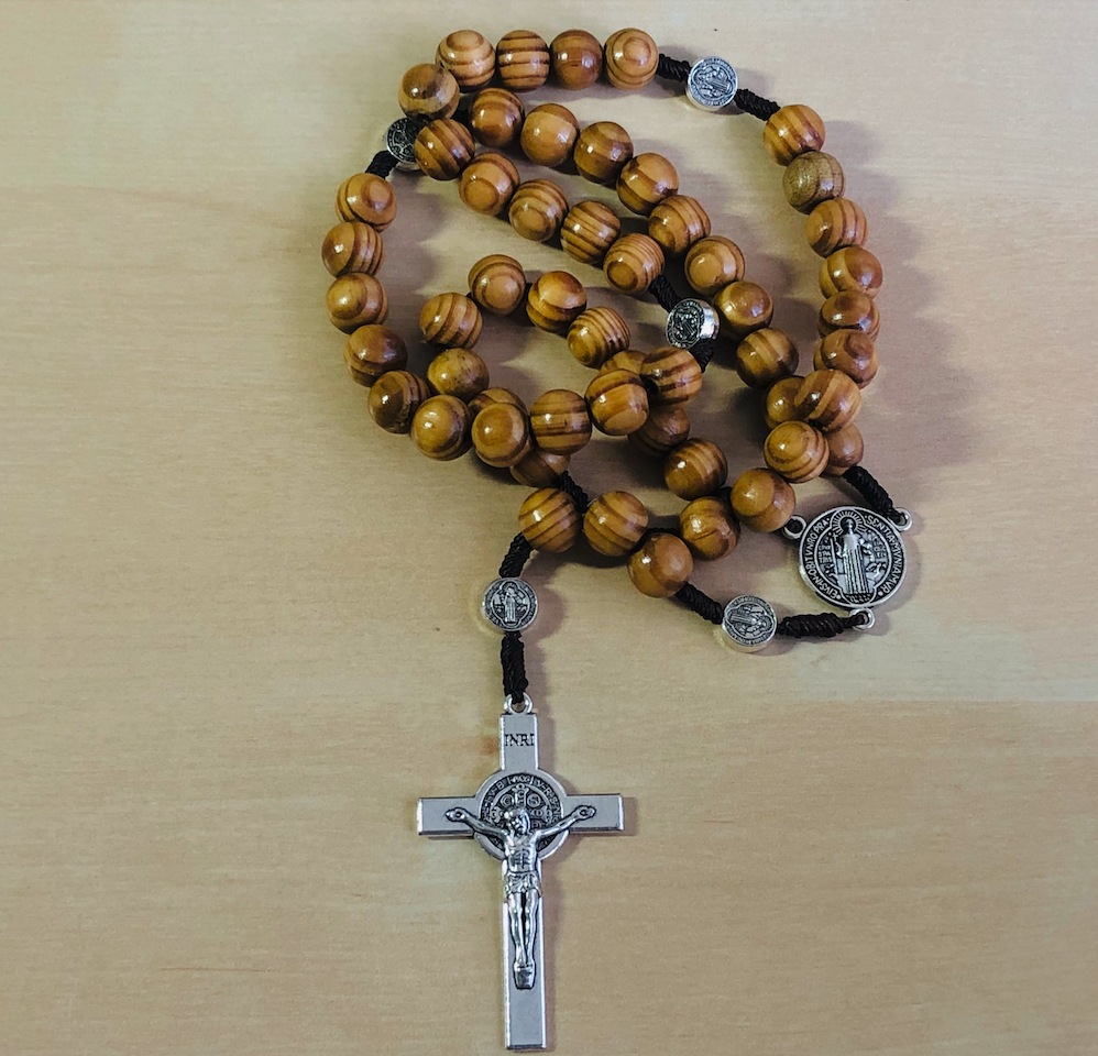Saint St Benedict Wooden Rosary for Men Women Wood Prayer Beads Crucifix Cross