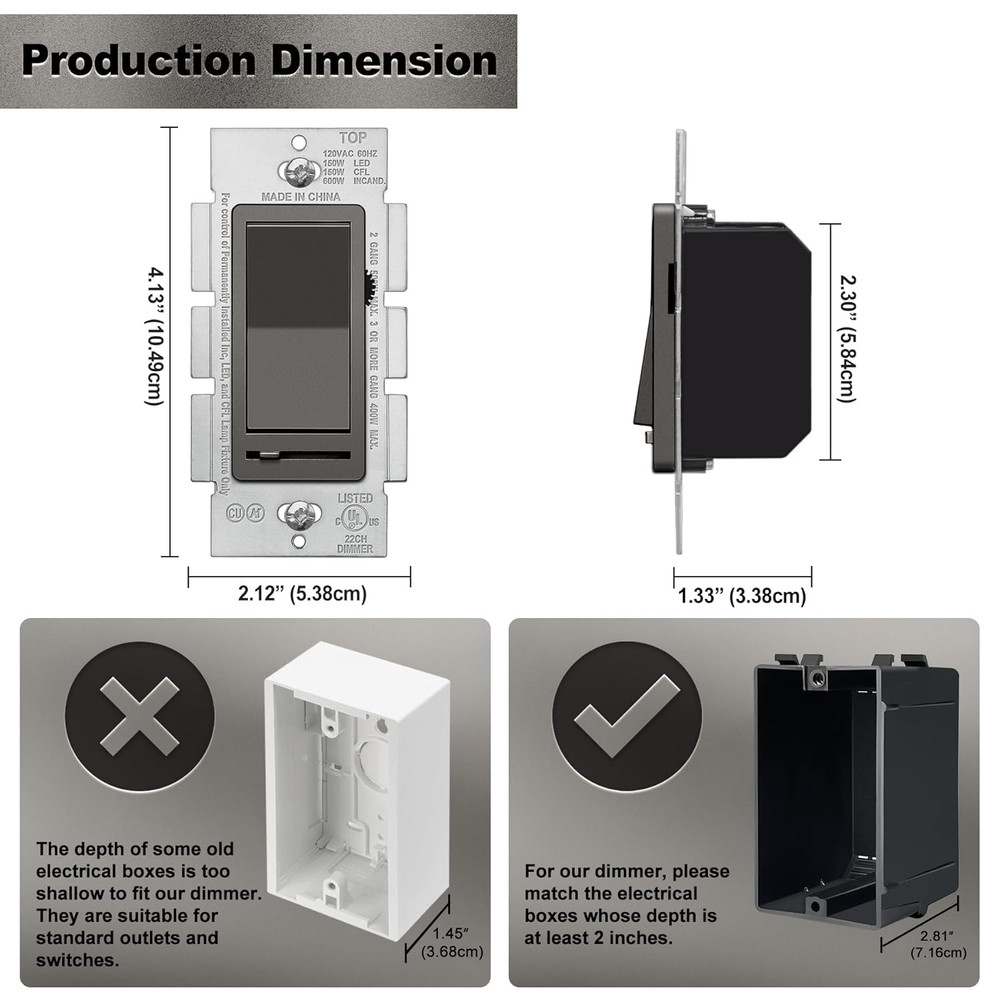 Matte Brown Dimmer Wall Light Switch, Single Pole or 3-Way, Compatible with Dim