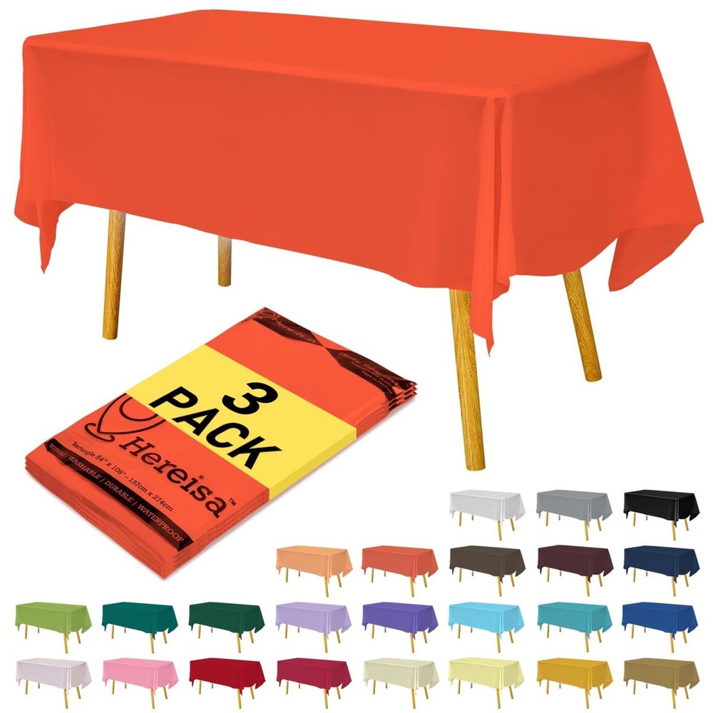 Plastic Orange Tablecloths 3 Pack Disposable Table Covers 54 x 108 Inches Pit...