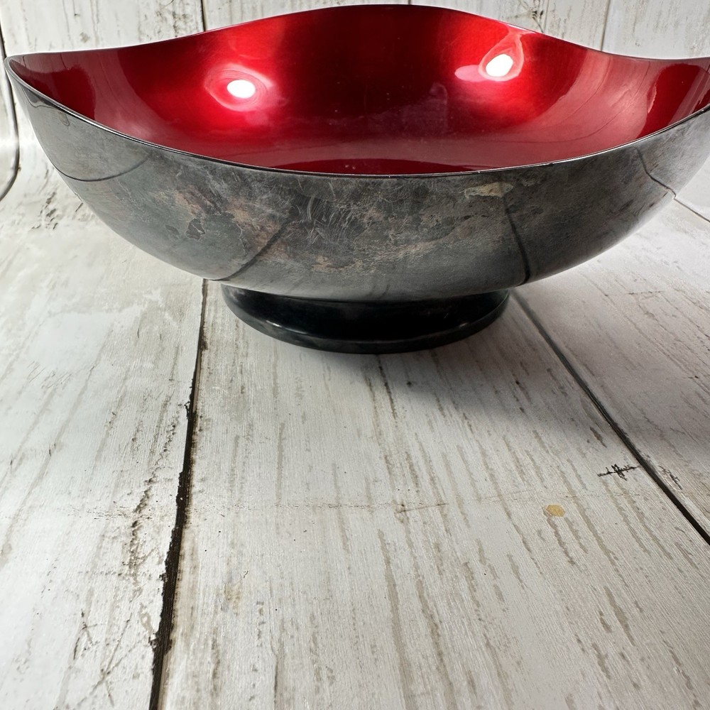 VTG Mid Century Modern DANISH Silverplate Bowl RED Enamel Interior Marked