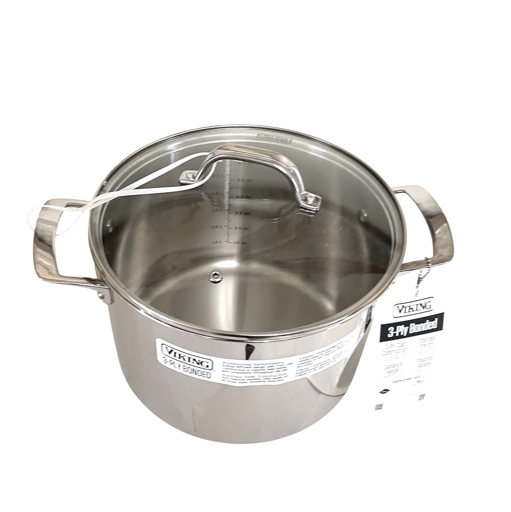 VIKING 8 Qt quart 3-Ply Stainless Steel Casserole Stock Soup Pot Pan Glass Lid