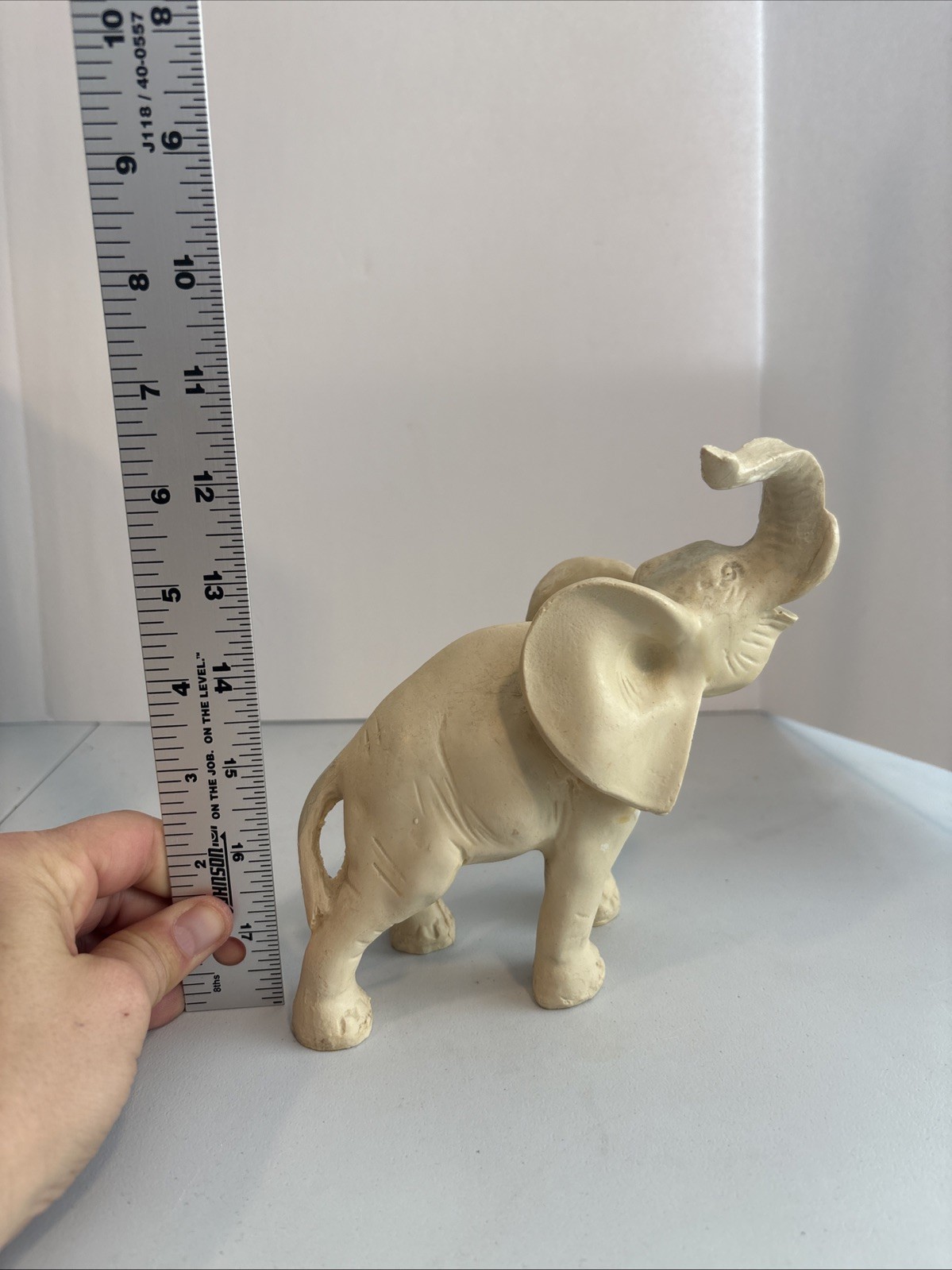 Elephant Figurine Trunk Up. White. Resin Or Alabaster? 1.2 Lbs