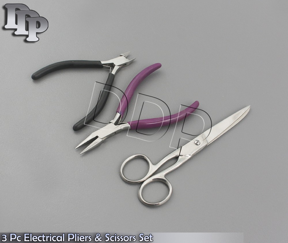 3pc Electrical Pliers & Scissors Set Diagonal Wire Cutters Electrician Tool Kit