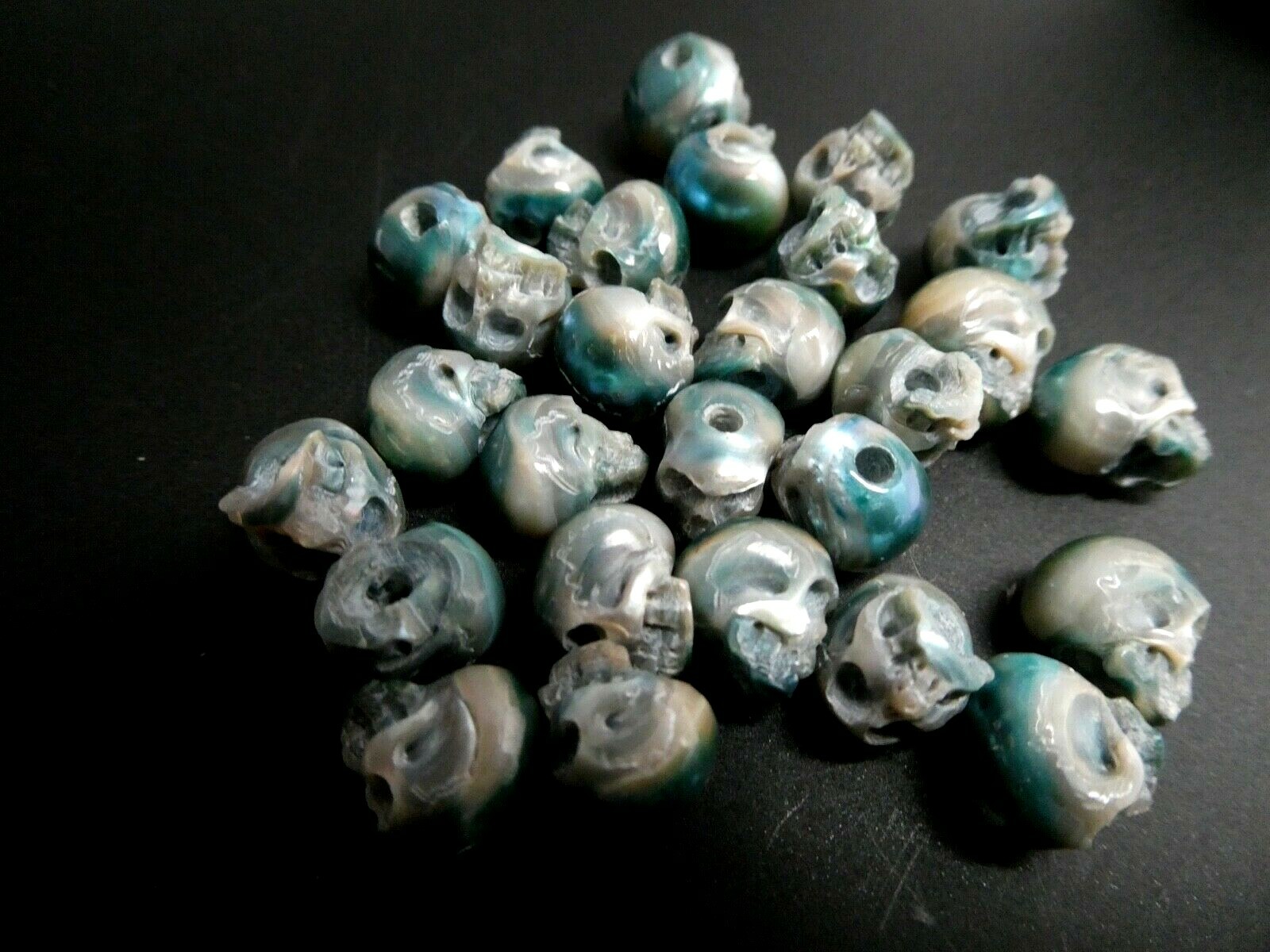 Skull Bead Rare Intricate Detail Hand Carved Blue Genuine Pearl Large Hole Bead