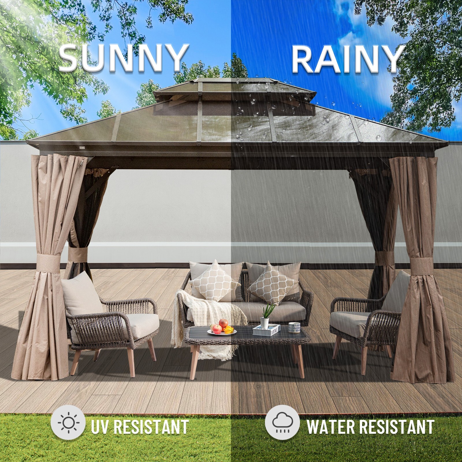 Domi 10x12ft Hardtop Gazebo Double Polycarbonate Roof Canopy W/Curtains and Net