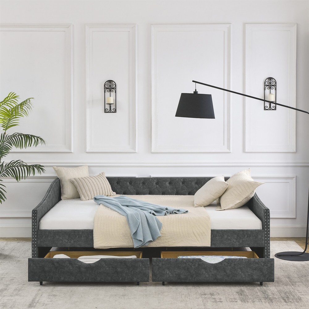 Queen Size Daybed with 2 Storage Drawers Upholstered Bed Frame Sofa Bed US