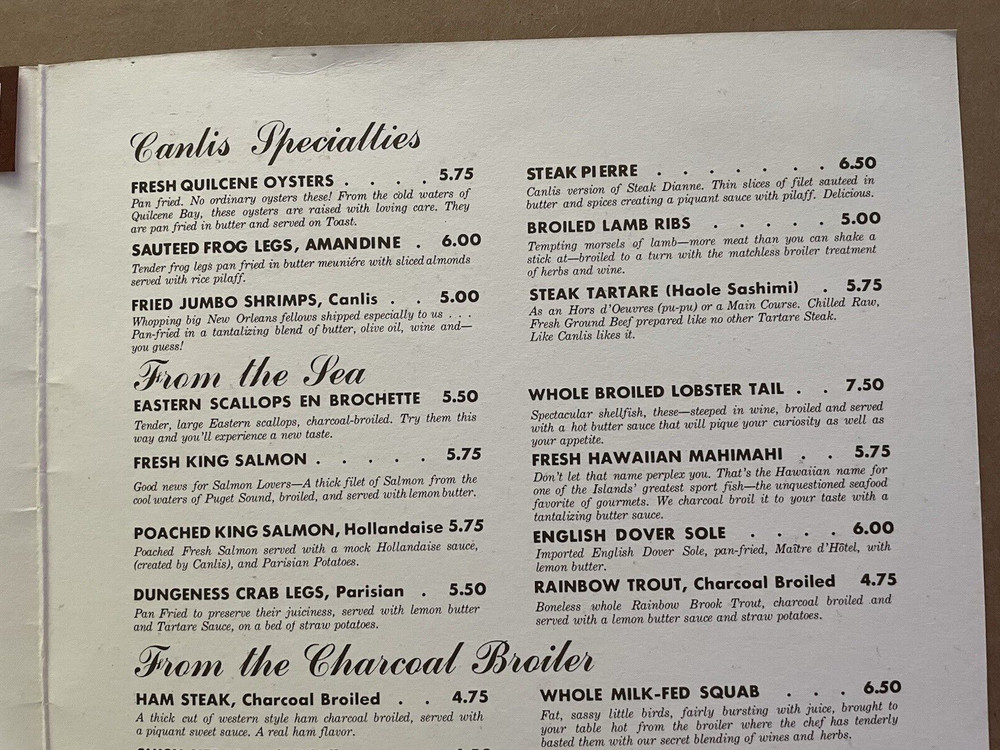 Vintage CANLIS Restaurant Menu San Francisco Honolulu