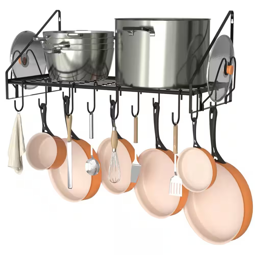34.7 In. L X 13 In. W X 12.6 In. H Black Steel Wall Mounted Pot Rack with 12 Hoo
