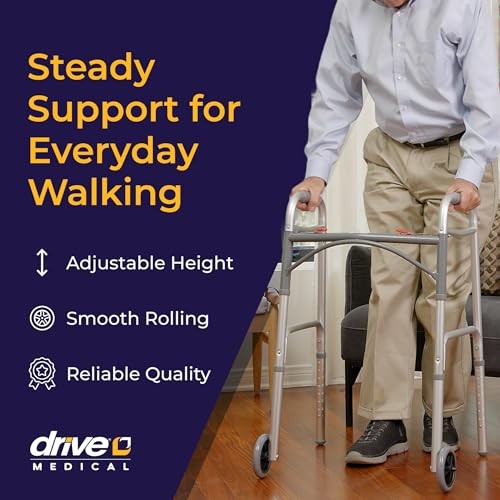 Two-Button Folding Walker With Wheels - Lightweight Rolling Mobility Support - A