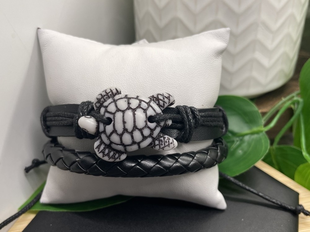2 PC Leather Bracelet  Stackable Adjustable Tie Free Ship Turtle B5191