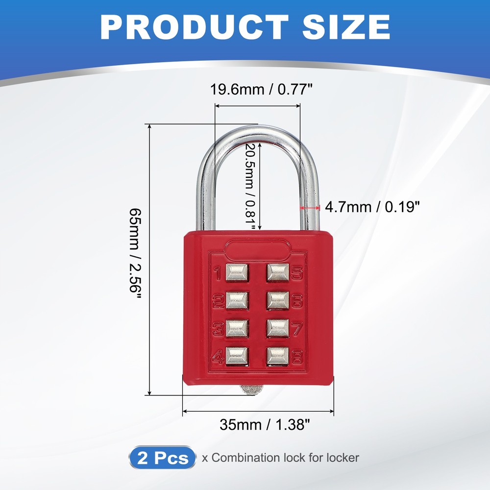2Pcs Push Button Combination Padlock 8-Digit 4-Position Lock Red