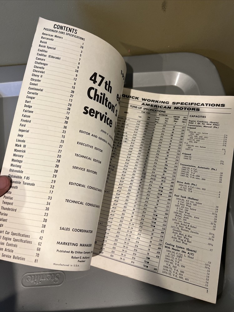 Chiltons Service Handbook Quick Working Specifications 47th Edition 1971 1972