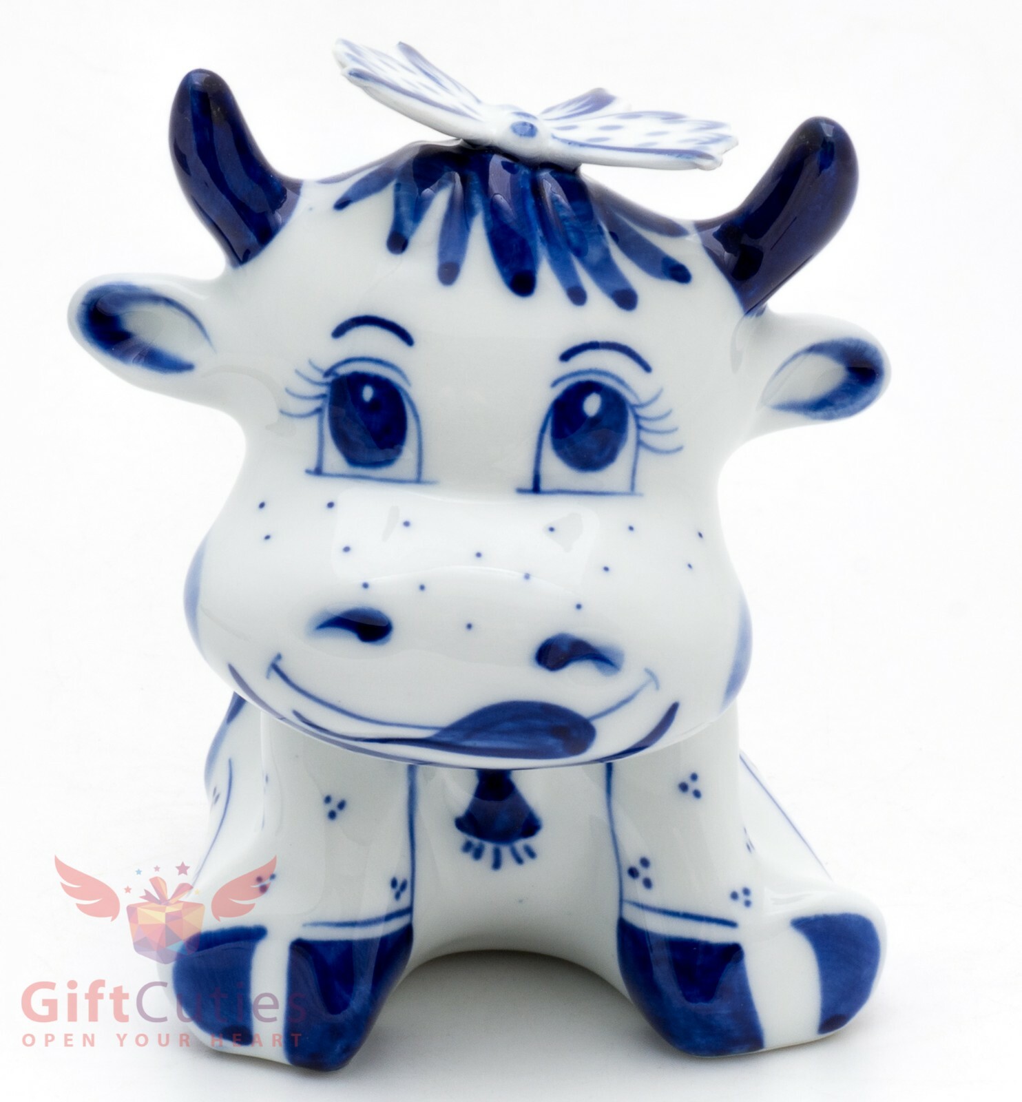Bull calf cow Gavrusha with a butterfly collectible Gzhel Porcelain Figurine