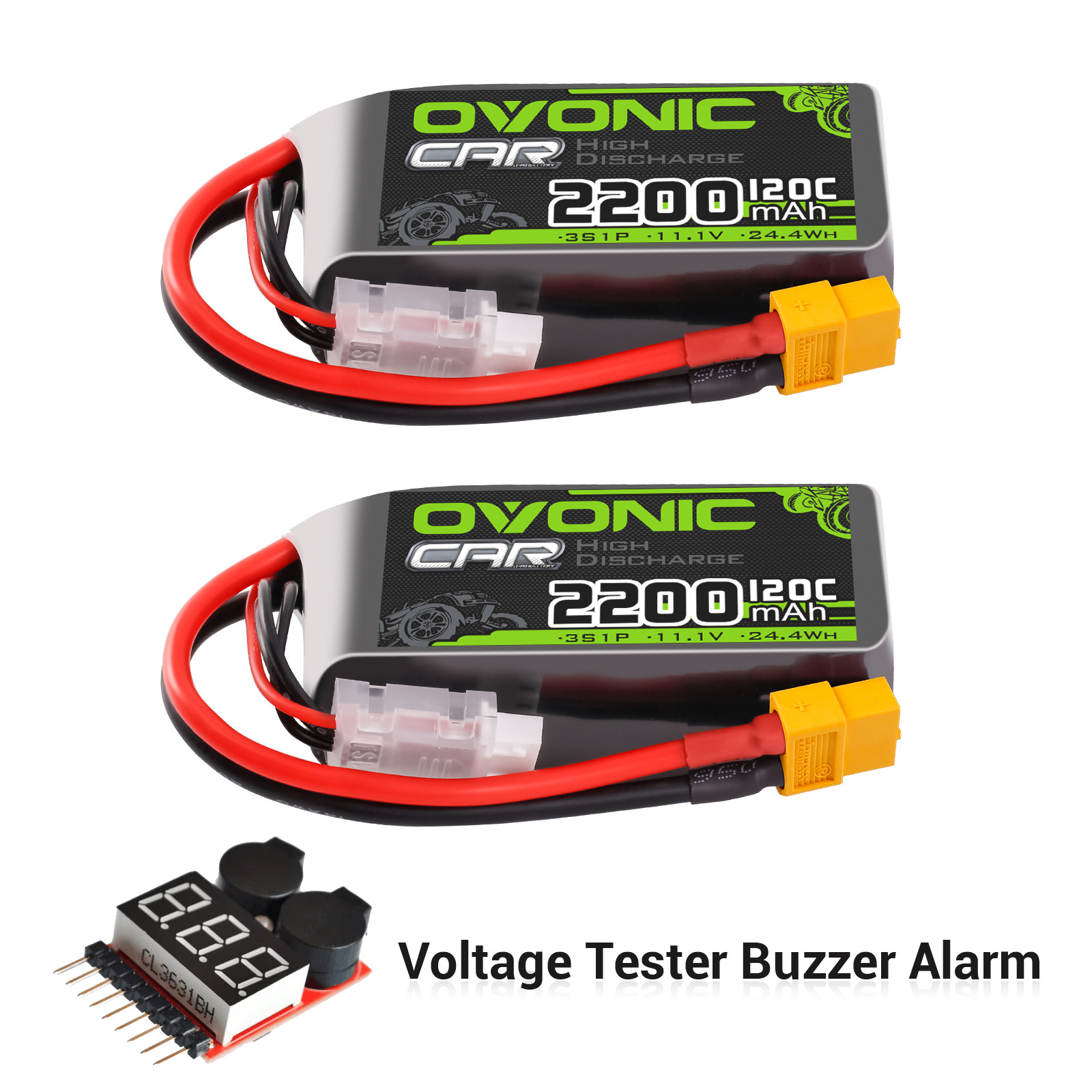 2X OVONIC 11.1V 120C 2200mah 3S Lipo Battery XT60 With 1-8S Lipo Voltage Tester