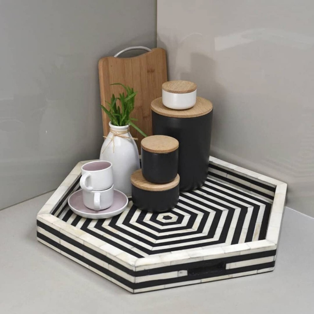 Handcrafted Hexagon Black &White Ottoman Bone Inlay Stripes Pattern Serving Tray