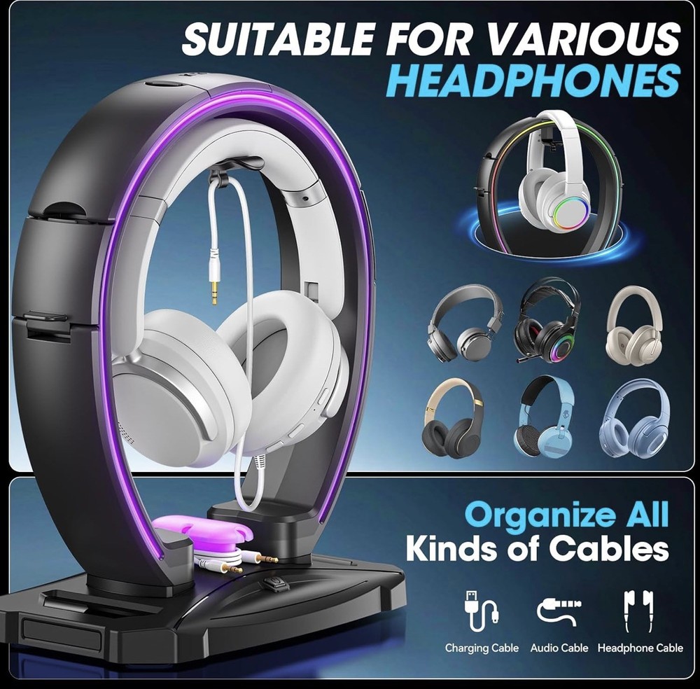 KDD RGB Headphone & Controller Stand with Light Modes - Foldable Black