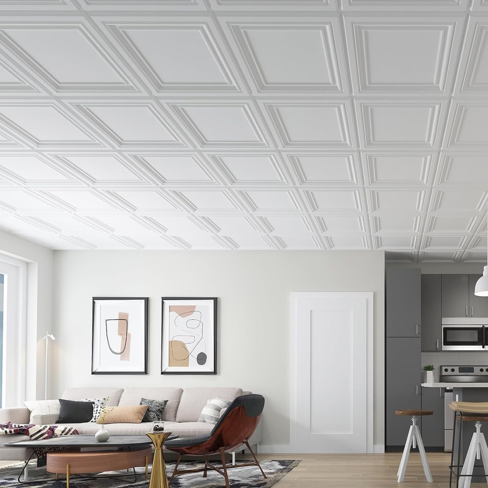 PVC Ceiling Tiles 2x2 White 12 Pack Waterproof Easy Install Modern Ceiling