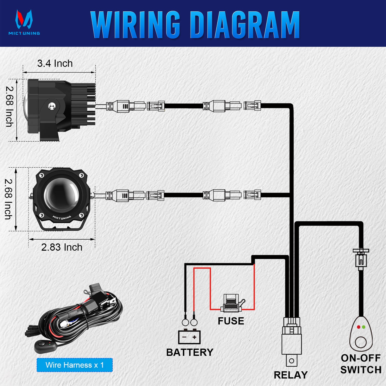 MICTUNING Light Pods 3 Inch 72W Square Off-Road Driving Fog Lamp Spot Flood Beam